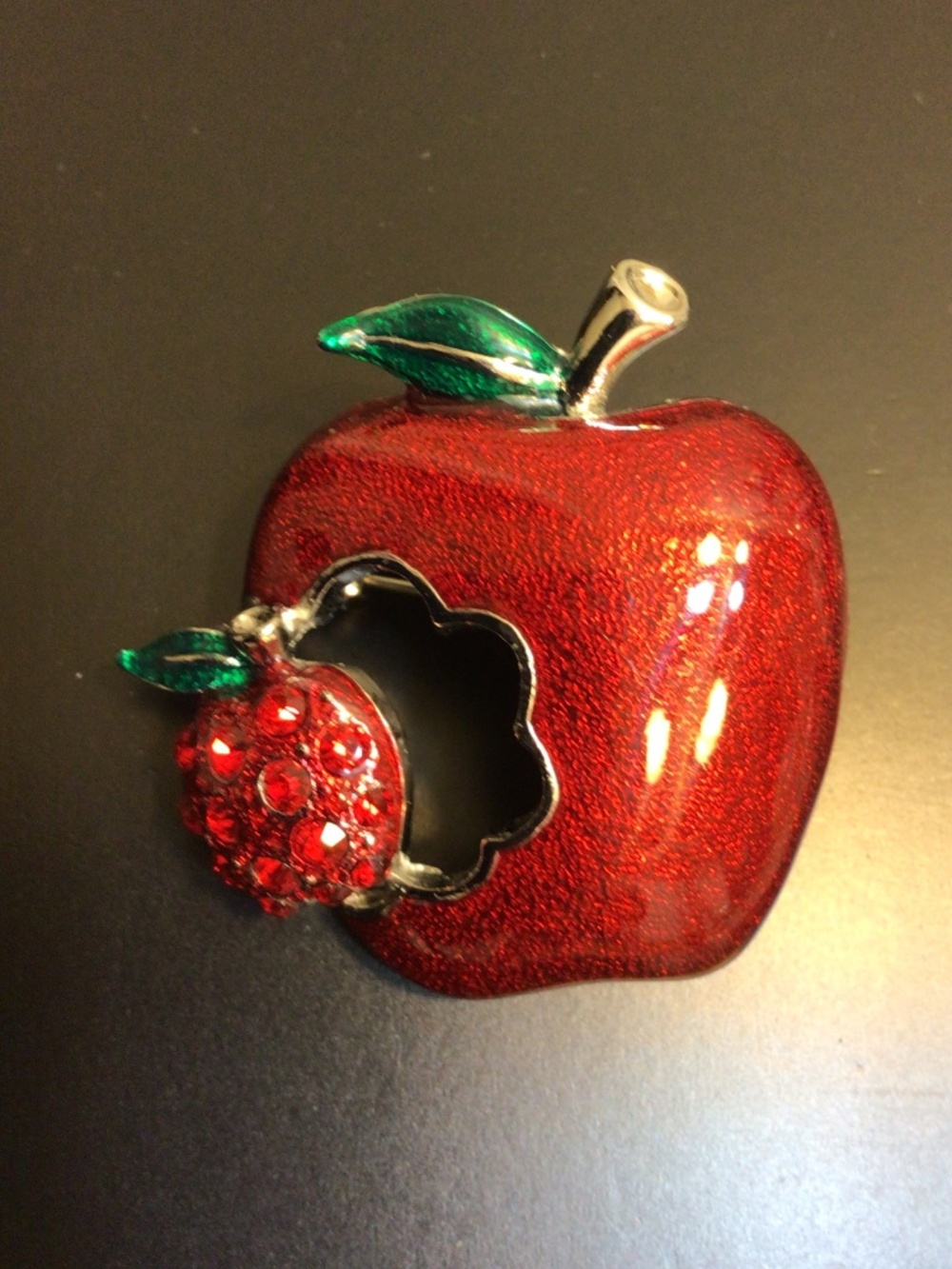Vintage Red Glitter Guilloche Enamel and Rhinestone Apple Brooch Pin
